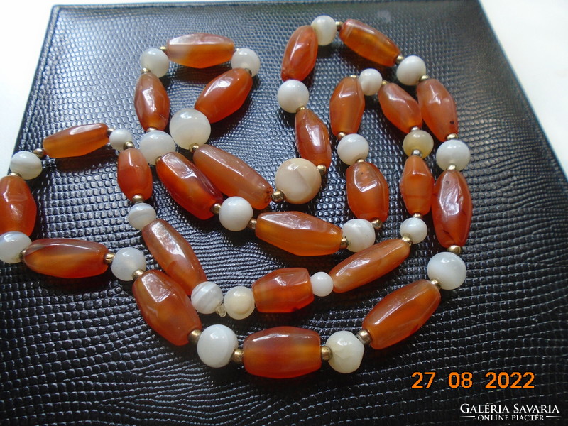 Antique 25 large-eyed Baltic amber and moonstone, long heavy necklace, with gold-plated intermediate pearl