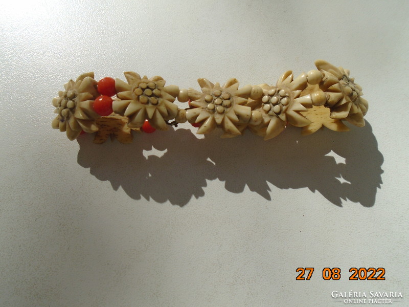 Victorian Swiss Hand Carved Bone Mountain Grass Pattern Bracelet with Coral Beads