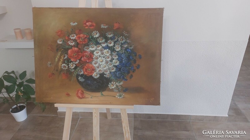 (K) Szép szignózott virágcsendélet festmény 80x60 cm kerettel Pankotay Anna