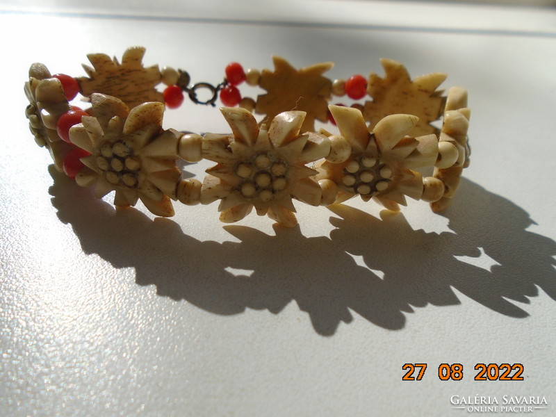 Victorian Swiss Hand Carved Bone Mountain Grass Pattern Bracelet with Coral Beads