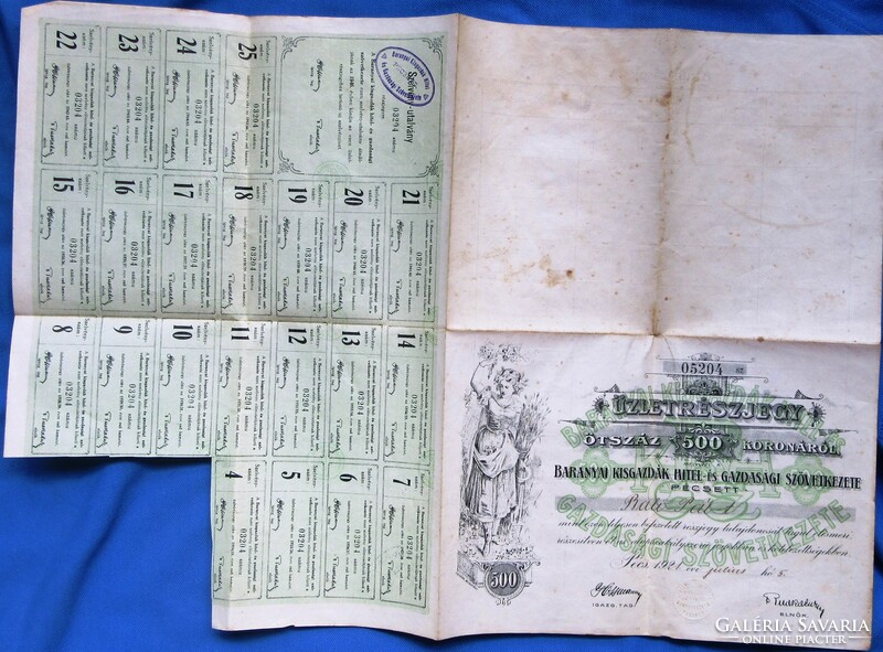 Antique securities from 500 crowns to Pécs 1921 business shares Barany small farmers credit and economic associations