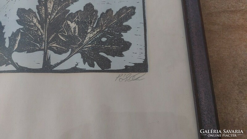(K) signed linocut with frame 46x63 cm chrysanthemums