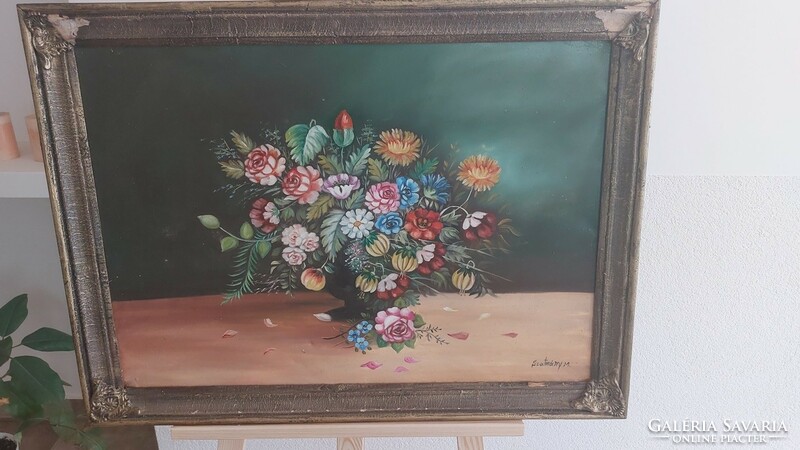 (K) Szép szignózott virágcsendélet festmény 78x57 cm kerettel Szatmáry M