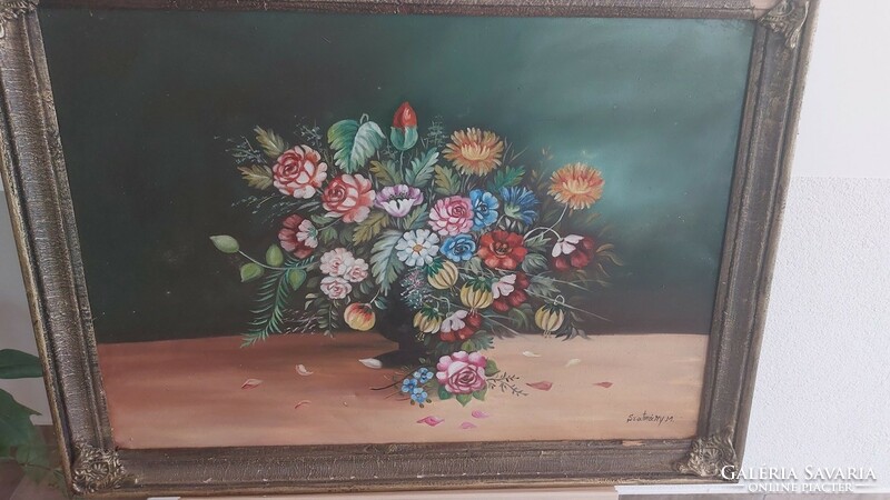 (K) beautiful signed flower still life painting 78x57 cm with frame Szatmáry m