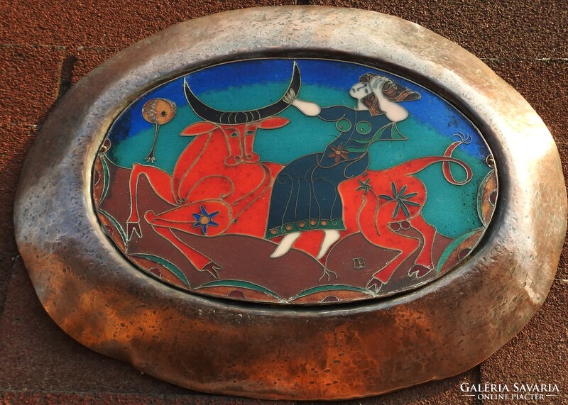 Turi endre fire enamel picture in red copper frame - Abduction of Europe