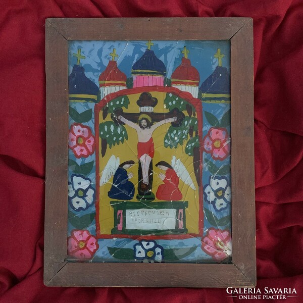 Transylvanian Székely holy image glass icon hand painted Jesus on the cross in a wooden frame home blessing church
