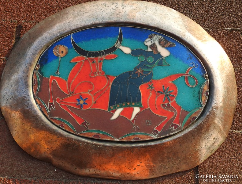 Turi endre fire enamel picture in red copper frame - Abduction of Europe