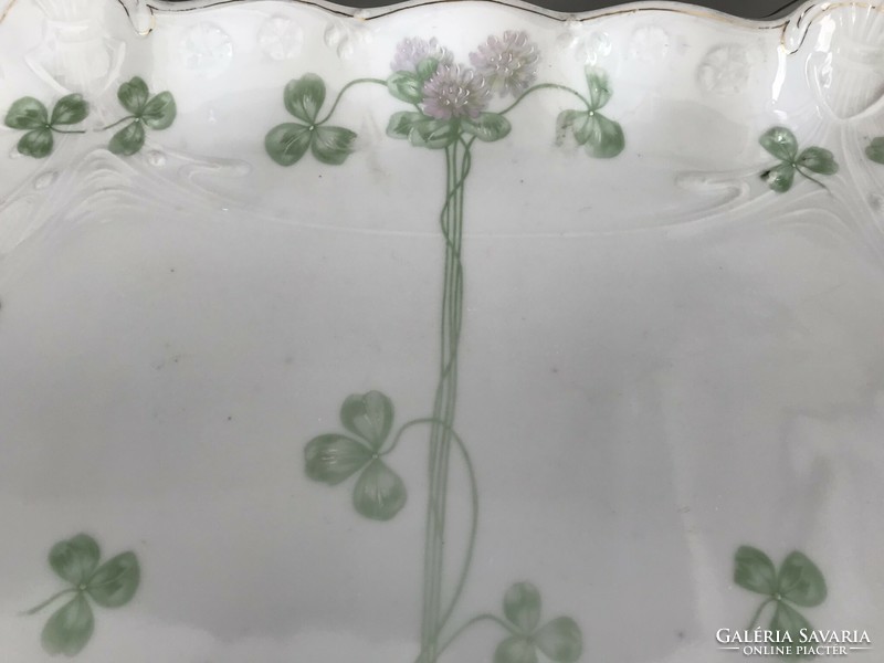 Art Nouveau porcelain serving bowl with hand-painted clover pattern, 40 x 28 cm