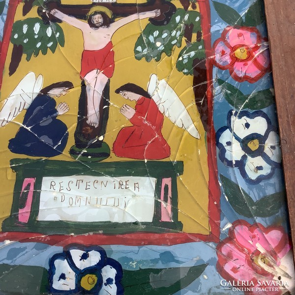 Erdélyi Székely Szentkép üveg ikon kézi festés Jézus a kereszten fa keretben házi áldás templomi