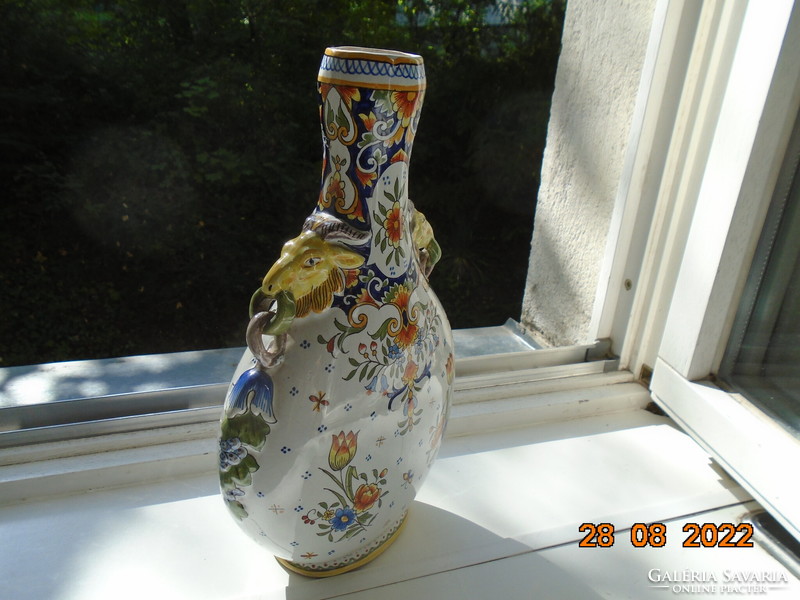 18 No. Veuve Perrin signed French faience vase with plastic goat heads