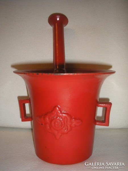 This 8 antique rare apothecary mortar is a curio with a long pestle in a beautiful already painted color