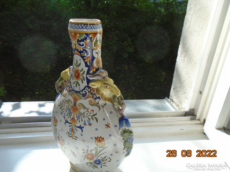 18 No. Veuve Perrin signed French faience vase with plastic goat heads