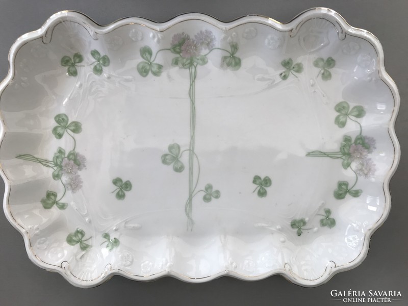 Art Nouveau porcelain serving bowl with hand-painted clover pattern, 40 x 28 cm