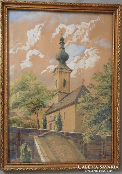 Watercolor with Székely mark - church