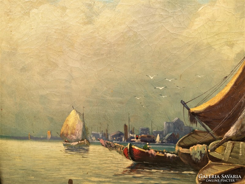 Painting by Karl Kaufmann (leo perla 1843 - 1902) Sailboats at sea with original guarantee !!