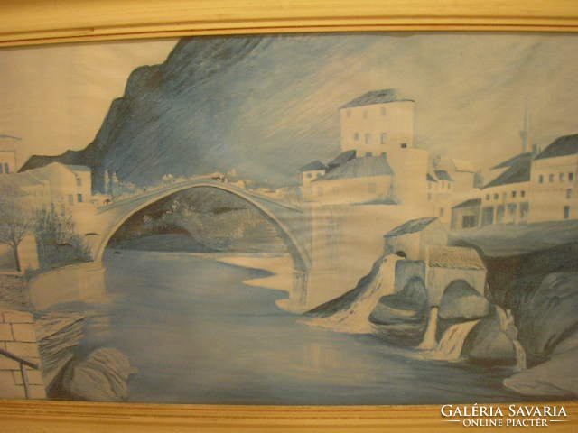 M1-12 discounted after ossuary watercolor painting 90 x 50 cm glass plate rarity Roman bridge in mustard