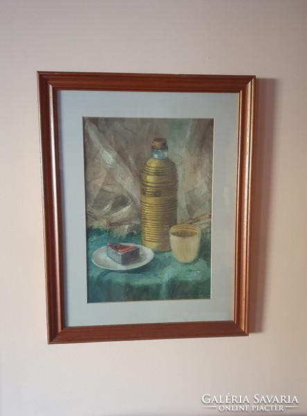 Jelzett Bartosi László, retró csendélet festmény, termosz-kocka sajt, üvegezett keretben 44x59 cm