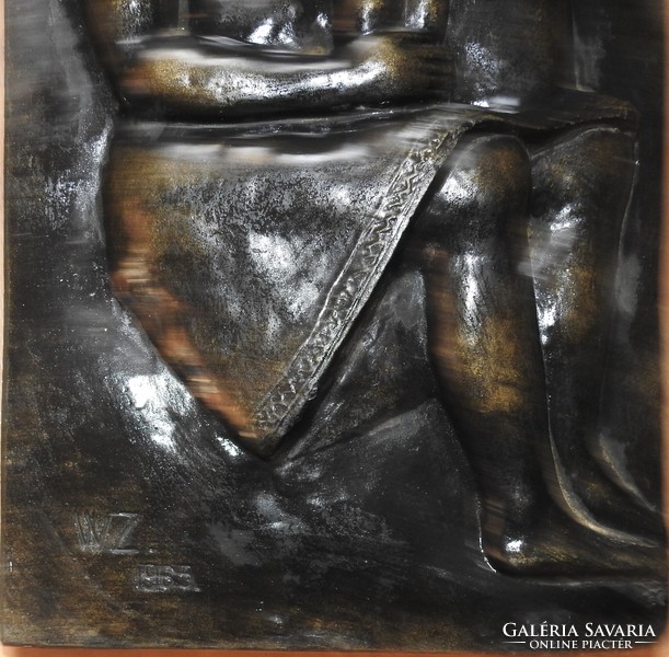 Szocreál szobor - nagy gipsz kép – Munkáscsalád – jelzett a jobb alsó sarokban WZ