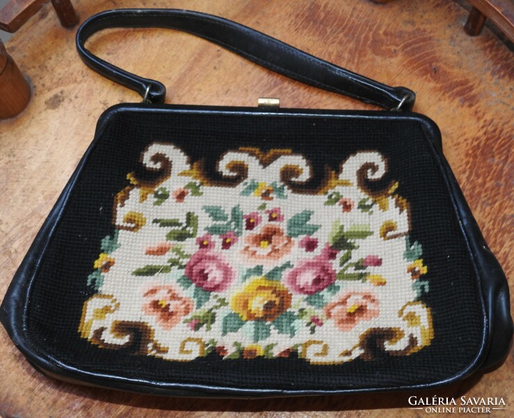 Antique leather tapestry handbag