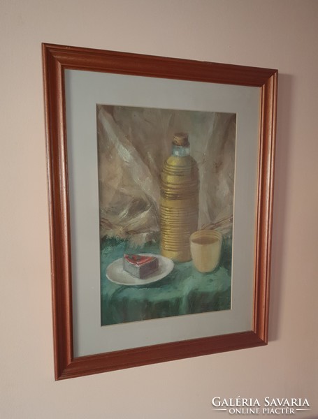 Marked László of Bartos, retro still life painting, thermos-cubed cheese, in glazed frame 44x59 cm