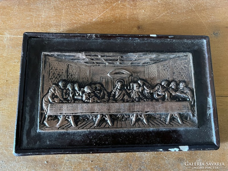Last Supper depiction, 15 x 27 cm, made of metal, in a frame.
