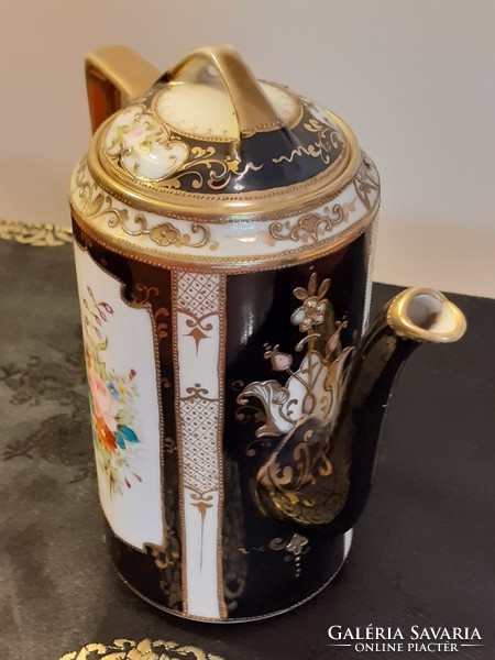 Régi japán porcelán teás készlet Nippon fekete aranyozott kiöntő csésze 3 db