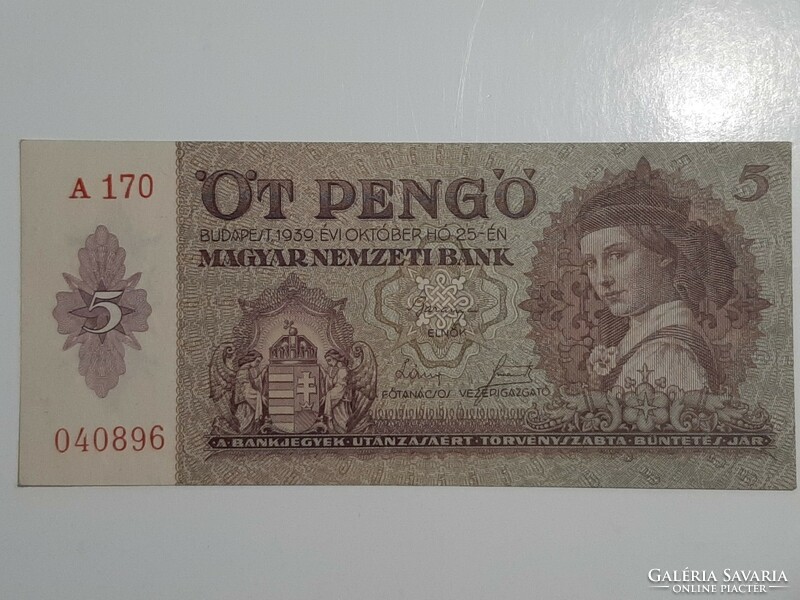 5 pengő bankjegy 1939 UNC