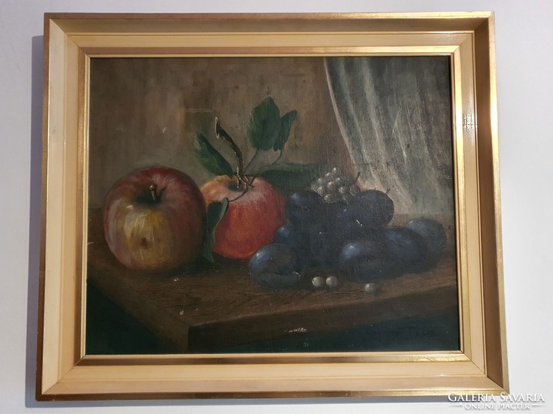 Marked still life, oil, canvas painting, with glazed frame.