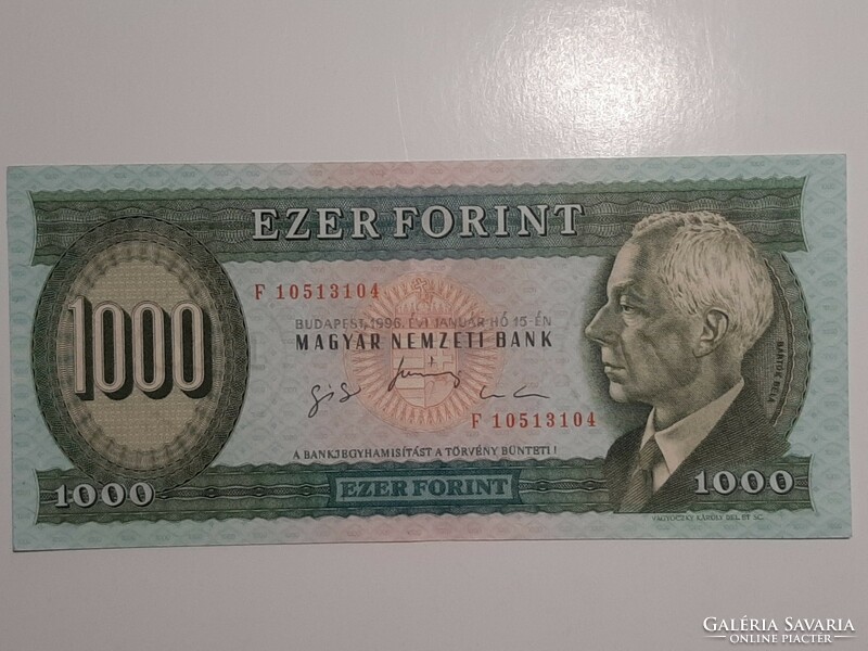 1000 forint bankjegy " F " sorozat 1996 középen egy gyenge hajtással EF+
