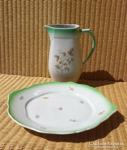 Serving bowl, plate and pitcher decorated with an old Hólloháza green color with a flower and tendril pattern