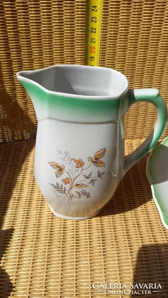Serving bowl, plate and pitcher decorated with an old Hólloháza green color with a flower and tendril pattern