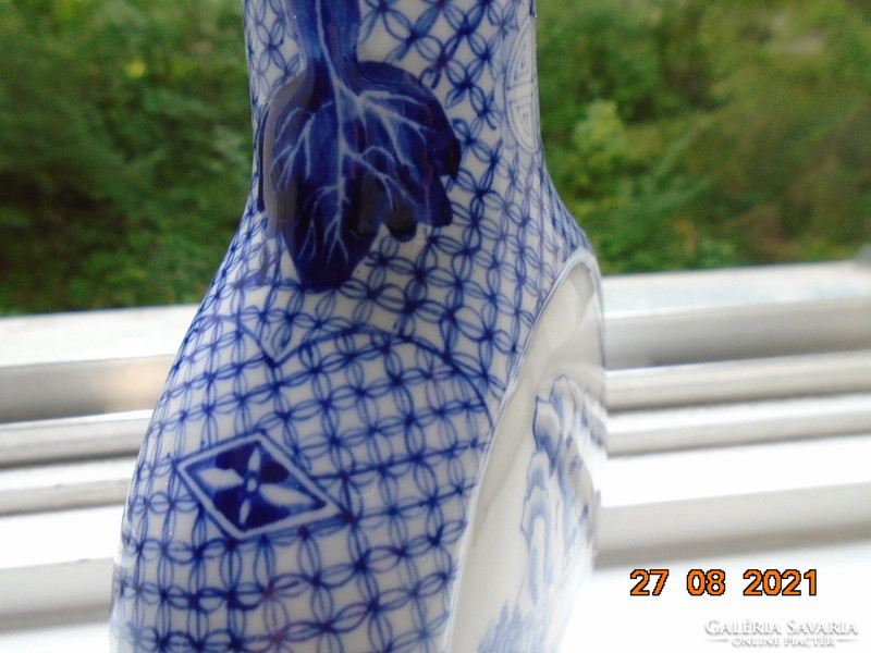 Kangxi blue and white vase hand painted with two different alpine landscapes, pagodas, sign of wealth