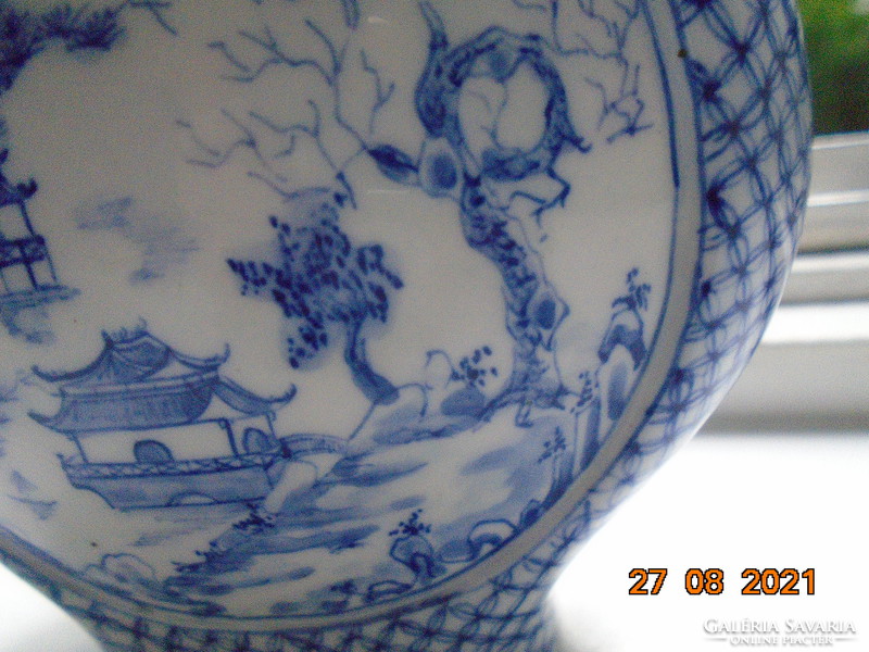 Kangxi blue and white vase hand painted with two different alpine landscapes, pagodas, sign of wealth