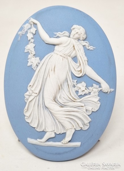 Antik jelzett Wedgwood bacchánsnőt ábrázoló kék fehér plasztikus porcelán domború kép -CZ