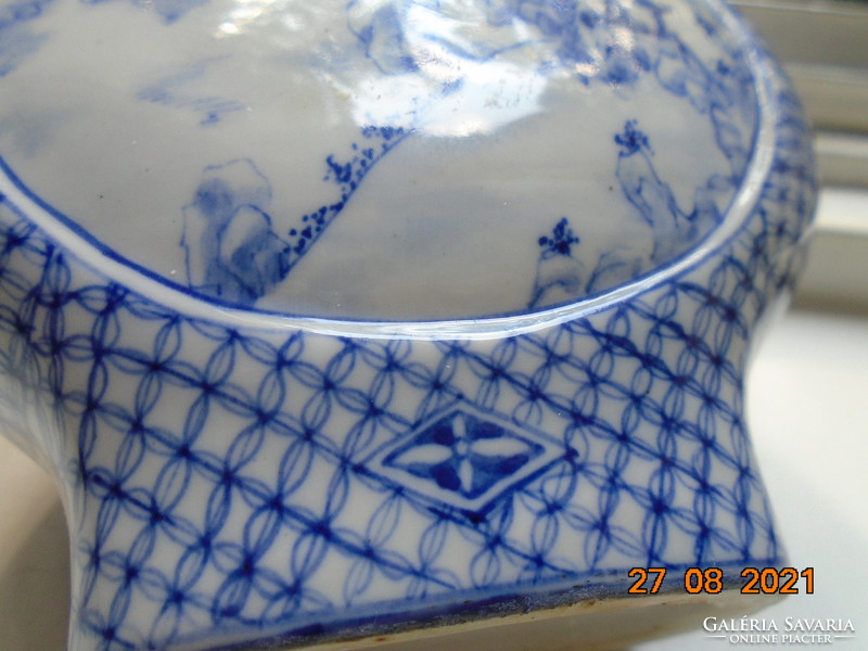 Kangxi blue and white vase hand painted with two different alpine landscapes, pagodas, sign of wealth