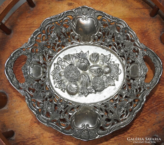 Silver-plated large serving bowl with fruit pattern - centerpiece