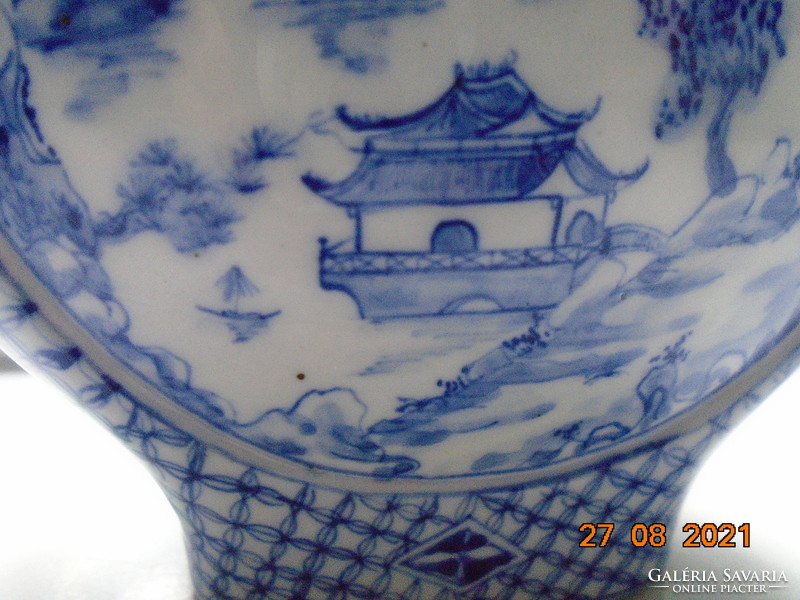 Kangxi blue and white vase hand painted with two different alpine landscapes, pagodas, sign of wealth