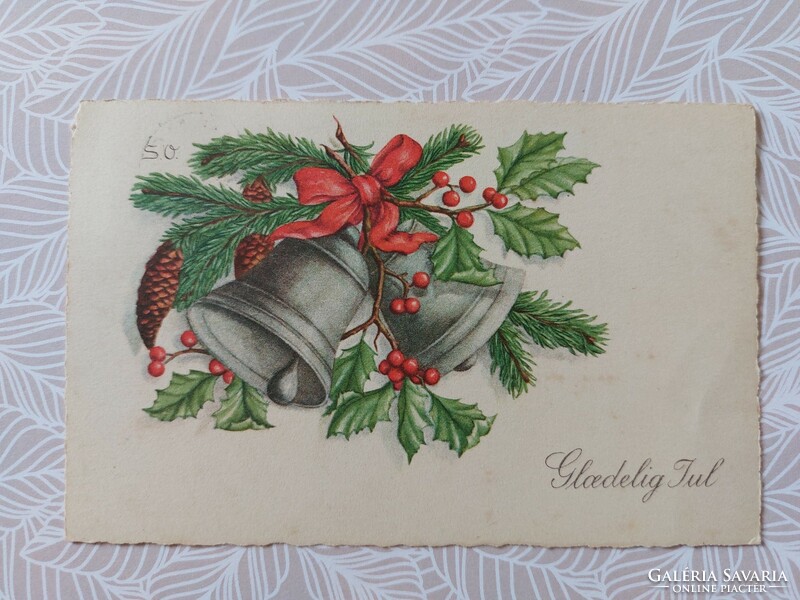 Old Christmas postcard 1945 postcard bell pine branch holly