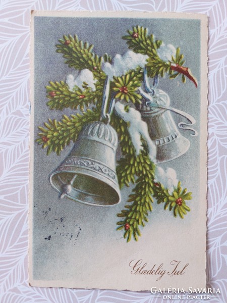 Old Christmas card 1950 postcard bell pine branch