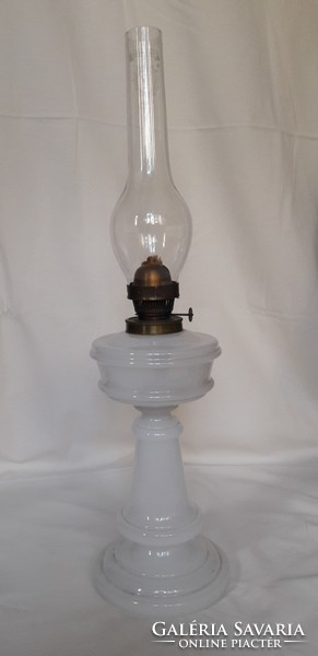 Antique old table kerosene lamp broken blown milk glass body marked cylinder 19.Sz large size