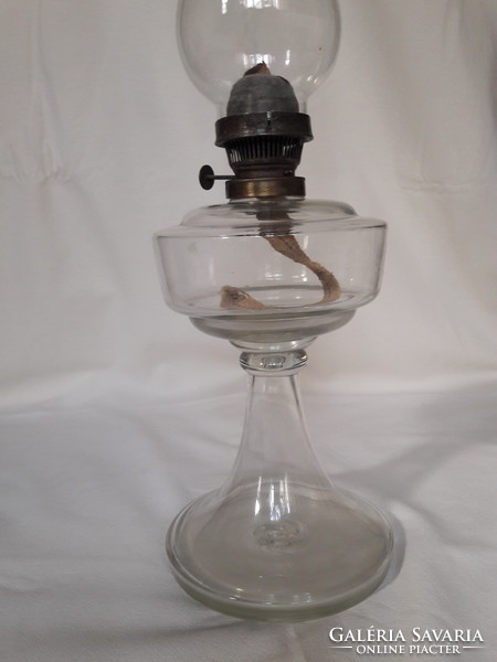 Antik régi asztali petróleum lámpa áttetsző fújt huta üveg test kanóccal 19. sz nagyméretű hibátlan