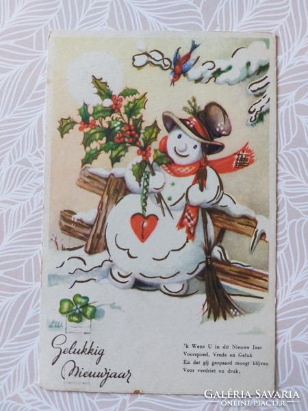 Régi újévi képeslap levelezőlap hóember kismadár szív lóhere