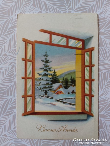 Régi képeslap levelezőlap havas táj az ablakból
