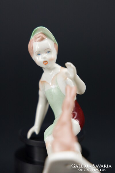 Aquincum porcelain boy with bunny, marked, flawless, beautiful condition