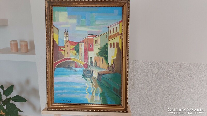 (K) Szép szignózott városkép festmény (Velence) 46x62 cm