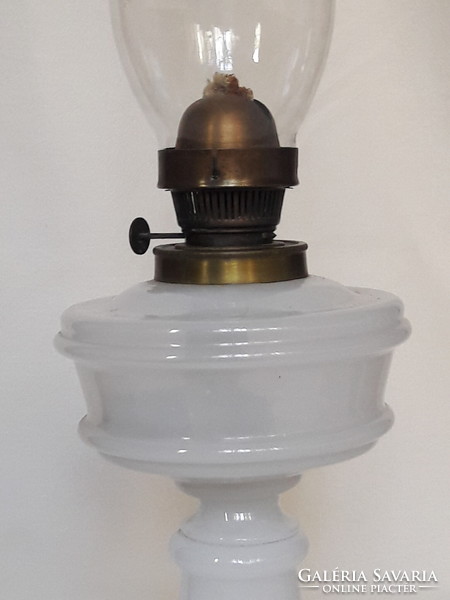Antique old table kerosene lamp broken blown milk glass body marked cylinder 19.Sz large size