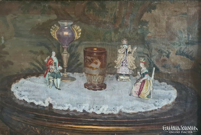 Jávor Pál (1880 - 1923) : Csendélet porcelán figurákkal