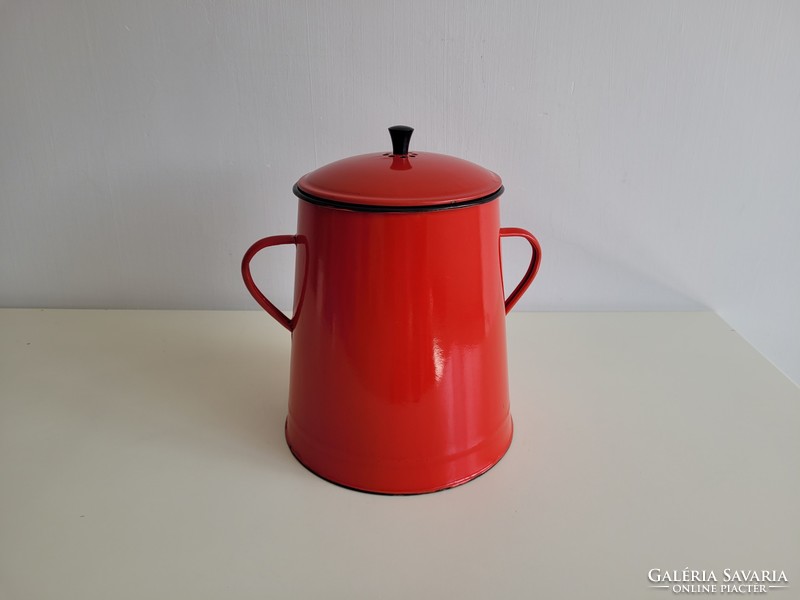 Enameled old vintage red iron 5 l enameled small pot with lid on bucket fat bucket 5 liters