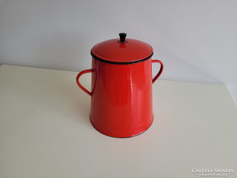 Enameled old vintage red iron 5 l enameled small pot with lid on bucket fat bucket 5 liters