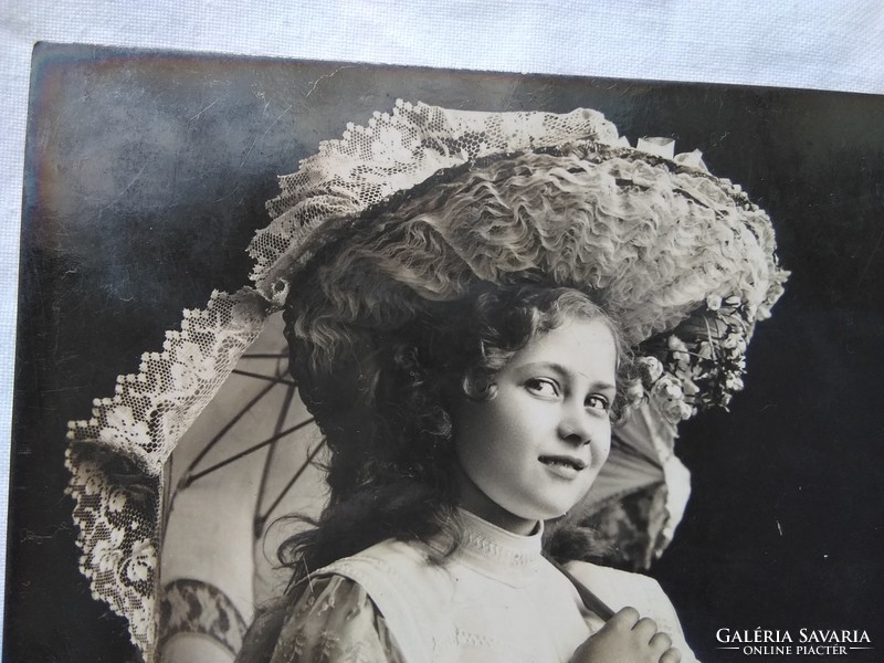 Antique photo / postcard, little girl with lacy umbrella, lace hat, dress 1906